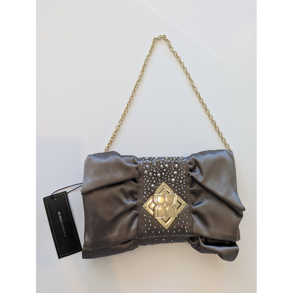 NWT BCBGMAXAZRIA Estella Clutch Misty Morning Grey Satin Studded Removable Chain